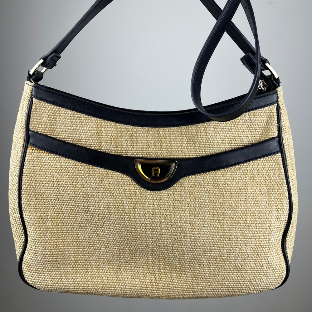 Etienne Aigner Shoulder Bag Small Beige Black Jute Woven Straw Good - Picture 1 of 8